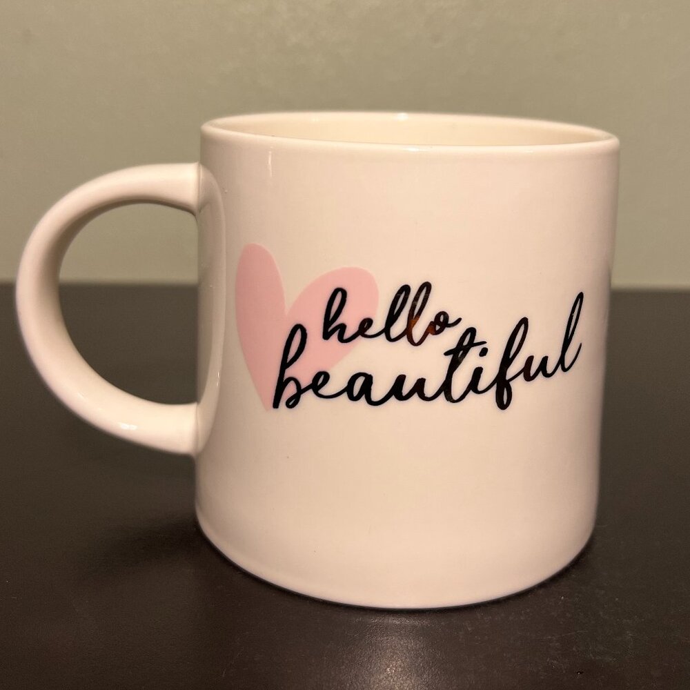 Threshold HELLO BEAUTIFUL White Porcelain Mug Pink Heart 16oz Cup Metallic Gold
